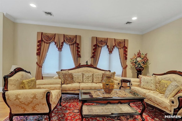 245 Forest Ave, Emerson, NJ 07630 - living room featuring crown molding, healthy amount of natural light, wood finished floors, and recessed lighting