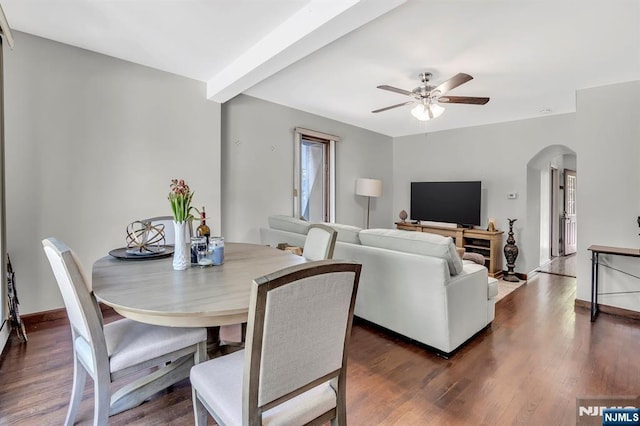 77 Myrtle Ave, Allendale, NJ 07401 - dining space with a ceiling fan, arched walkways, dark wood finished floors, and baseboards