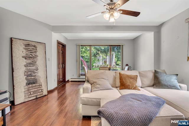 77 Myrtle Ave, Allendale, NJ 07401 - living room featuring ceiling fan, wood finished floors, and a baseboard heating unit