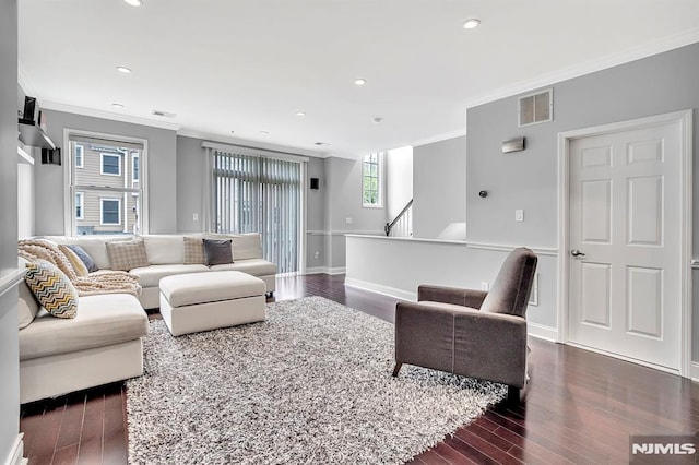 274 Roslyn Ct, West New York, NJ 07093 - living area with ornamental molding, dark wood-type flooring, recessed lighting, baseboards, and stairs