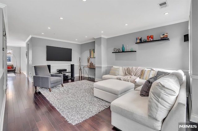 274 Roslyn Ct, West New York, NJ 07093 - living area featuring recessed lighting, dark wood finished floors, ornamental molding, and baseboards