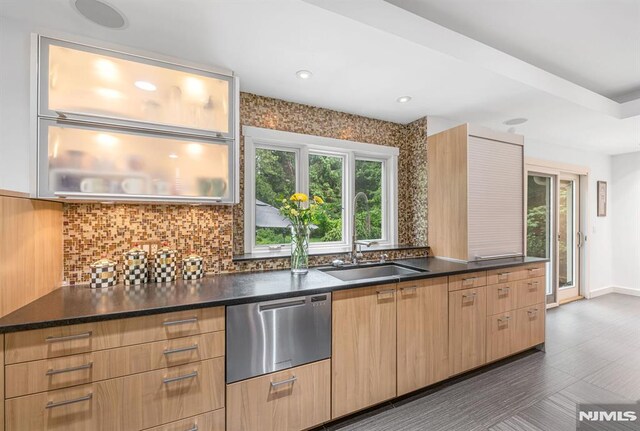 275 Gregory Rd, Franklin Lakes, NJ 07417 - kitchen featuring stainless steel dishwasher, a sink, tasteful backsplash, dark countertops, and recessed lighting