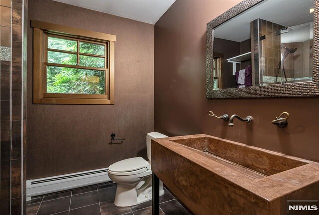 275 Gregory Rd, Franklin Lakes, NJ 07417 - full bathroom featuring a baseboard radiator, tile patterned floors, toilet, vanity, and tiled shower