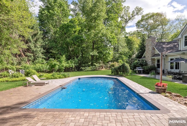 275 Gregory Rd, Franklin Lakes, NJ 07417 - outdoor pool with a patio area, a lawn, grilling area, and view of scattered trees