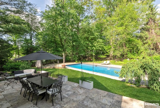 275 Gregory Rd, Franklin Lakes, NJ 07417 - view of swimming pool featuring a patio, a lawn, and outdoor dining space