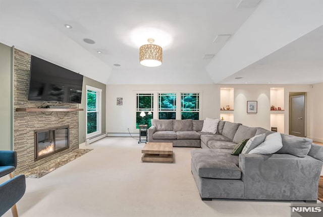 275 Gregory Rd, Franklin Lakes, NJ 07417 - living room featuring a fireplace, baseboards, carpet flooring, and lofted ceiling