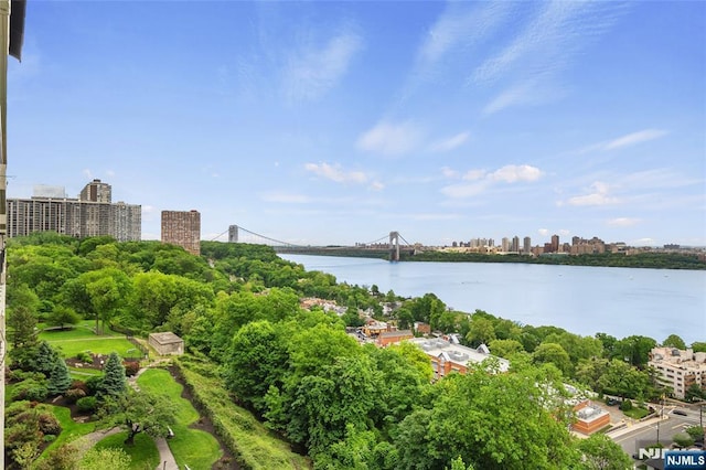 3 Horizon Unit 801, Fort Lee, NJ 07024 - water view with a notable bridge, nearby urban area, and a tree filled landscape