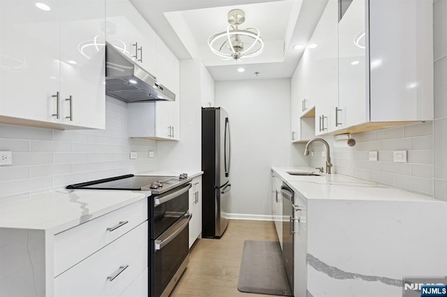 240 Main St Unit 211, Little Falls, NJ 07424 - kitchen with appliances with stainless steel finishes, under cabinet range hood, a sink, light wood-style flooring, and light stone countertops