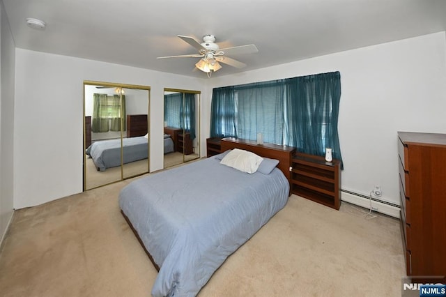 64 Rivervale Rd, Park Ridge, NJ 07656 - carpeted bedroom featuring multiple closets, baseboard heating, and ceiling fan