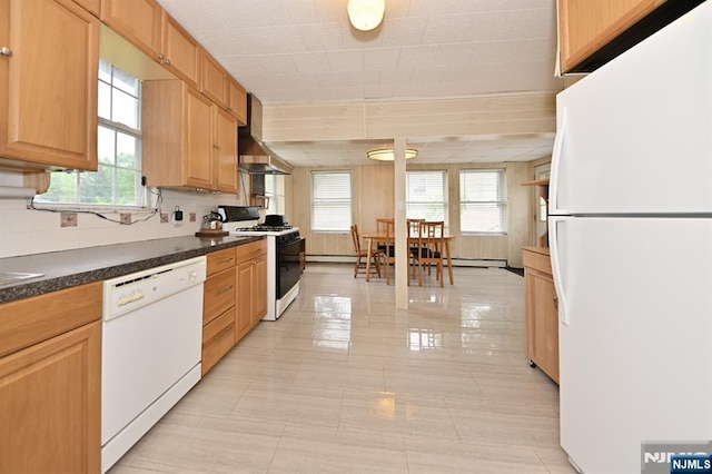 64 Rivervale Rd, Park Ridge, NJ 07656 - kitchen with white appliances, dark countertops, and light tile patterned floors