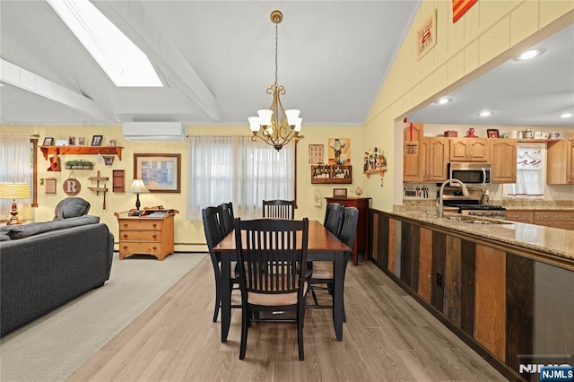 51 Sunrise Ter, Cedar Grove, NJ 07009 - dining space with lofted ceiling, a chandelier, light wood-style flooring, a wall mounted air conditioner, and a baseboard radiator