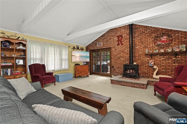 51 Sunrise Ter, Cedar Grove, NJ 07009 - living room with vaulted ceiling, a wood stove, carpet flooring, and healthy amount of natural light
