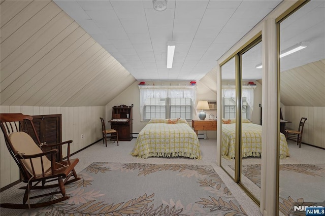 51 Sunrise Ter, Cedar Grove, NJ 07009 - carpeted bedroom featuring wood walls, a baseboard heating unit, and vaulted ceiling