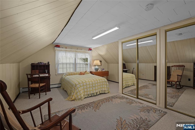 51 Sunrise Ter, Cedar Grove, NJ 07009 - bedroom featuring carpet flooring, vaulted ceiling, a baseboard heating unit, and two closets
