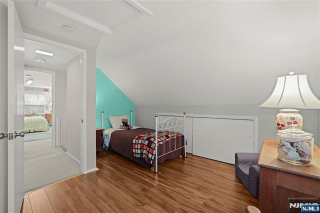 51 Sunrise Ter, Cedar Grove, NJ 07009 - bedroom with wood finished floors, attic access, and lofted ceiling