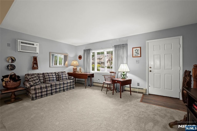 51 Sunrise Ter, Cedar Grove, NJ 07009 - carpeted living room featuring a wall mounted air conditioner, baseboards, and a baseboard radiator