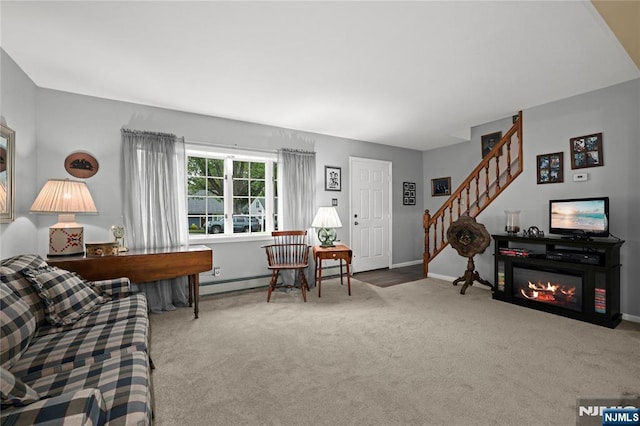 51 Sunrise Ter, Cedar Grove, NJ 07009 - living area featuring carpet, a baseboard heating unit, stairway, and baseboards