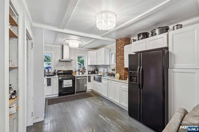 21 Berkeley Ave, Belleville, NJ 07109 - kitchen featuring black appliances, wall chimney range hood, a sink, white cabinetry, and dark wood-type flooring