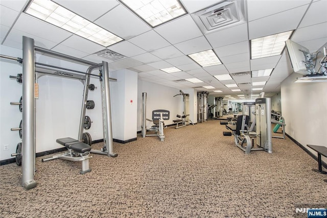 2 Clairidge Unit 3Nw, Verona, NJ 07044 - gym with baseboards, carpet floors, and a paneled ceiling