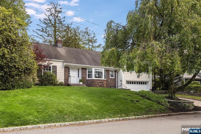 9 Stonewood Pkwy, Verona, NJ 07044 - cape cod-style house featuring a front yard, stone siding, a garage, and a chimney