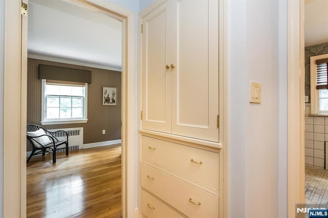 9 Stonewood Pkwy, Verona, NJ 07044 - corridor featuring plenty of natural light, radiator, wood finished floors, baseboards, and wallpapered walls