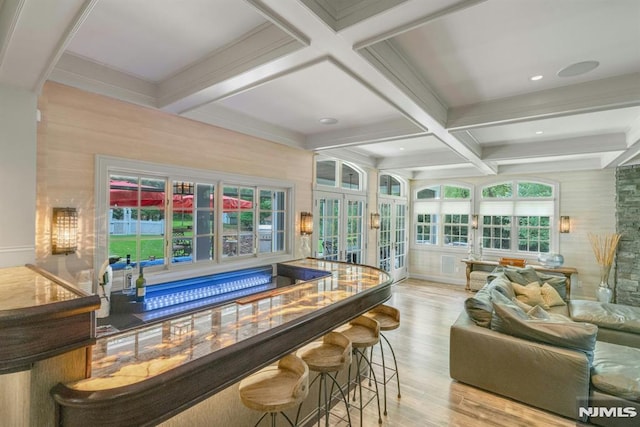 20 W Crescent Ave, Mahwah, NJ 07430 - bar area with coffered ceiling, wood finished floors, french doors, beamed ceiling, and recessed lighting