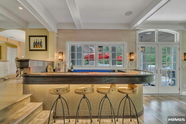 20 W Crescent Ave, Mahwah, NJ 07430 - bar area featuring beam ceiling, wood finished floors, french doors, and arched walkways