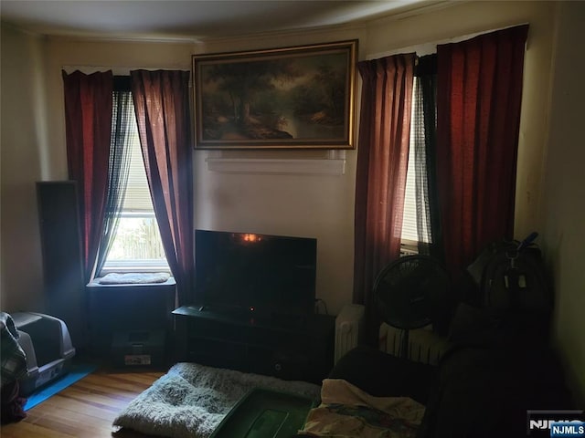 55 James, Bloomfield, NJ 07003 - sitting room featuring plenty of natural light, wood finished floors, radiator heating unit, and ornamental molding