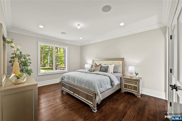 504 Kendrick St, Paramus, NJ 07652 - bedroom with dark wood-style flooring, baseboards, ornamental molding, and recessed lighting