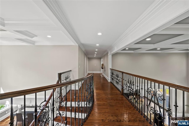 504 Kendrick St, Paramus, NJ 07652 - corridor with coffered ceiling, recessed lighting, beamed ceiling, wood finished floors, and baseboards