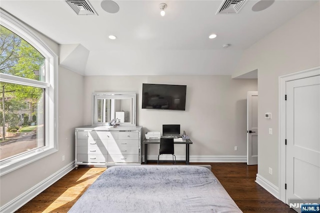 504 Kendrick St, Paramus, NJ 07652 - bedroom featuring dark wood-style flooring, vaulted ceiling, baseboards, recessed lighting, and a desk