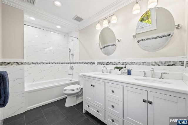 504 Kendrick St, Paramus, NJ 07652 - full bath with tile walls, double vanity, shower / washtub combination, ornamental molding, and toilet