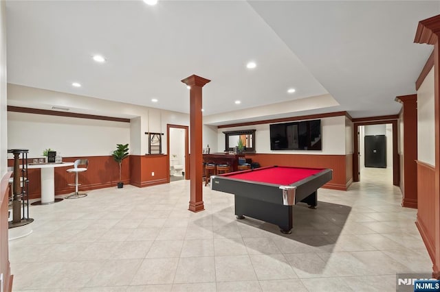 504 Kendrick St, Paramus, NJ 07652 - rec room featuring ornate columns, wainscoting, billiards, light tile patterned floors, and recessed lighting