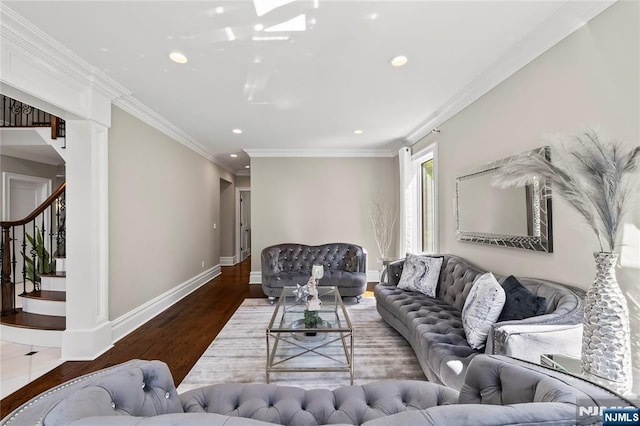 504 Kendrick St, Paramus, NJ 07652 - living area with wood finished floors, recessed lighting, baseboards, stairs, and crown molding