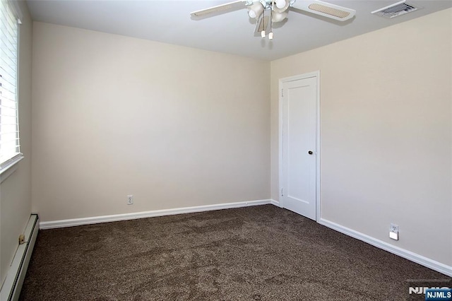 37 Winslow Ter, Fair Lawn, NJ 07410 - empty room with a baseboard heating unit, dark carpet, a ceiling fan, and baseboards