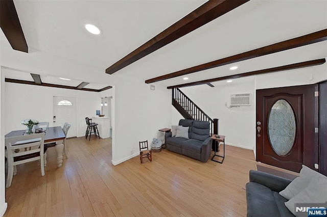 107 Elm St, West Orange, NJ 07052 - living room with beamed ceiling, stairs, light wood finished floors, baseboards, and recessed lighting