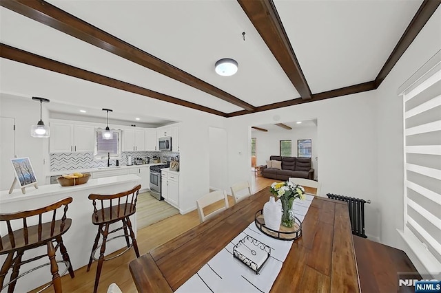 107 Elm St, West Orange, NJ 07052 - dining room featuring beam ceiling, light wood-type flooring, and recessed lighting