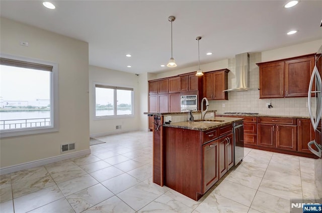 2 Jacobs Lndg, Secaucus, NJ 07094 - kitchen with wall chimney range hood, a sink, dark stone countertops, stainless steel appliances, and backsplash