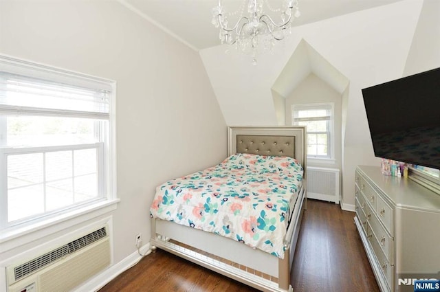 710 Ramapo Rd, Teaneck, NJ 07666 - bedroom featuring radiator heating unit, a chandelier, dark wood-type flooring, lofted ceiling, and a wall mounted air conditioner