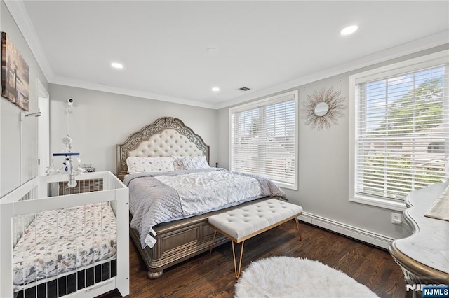 15 Kossuth St, Wallington, NJ 07057 - bedroom with a baseboard radiator, ornamental molding, recessed lighting, and wood finished floors