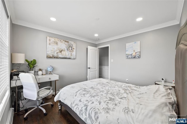 15 Kossuth St, Wallington, NJ 07057 - bedroom with a baseboard heating unit, ornamental molding, wood finished floors, recessed lighting, and a desk