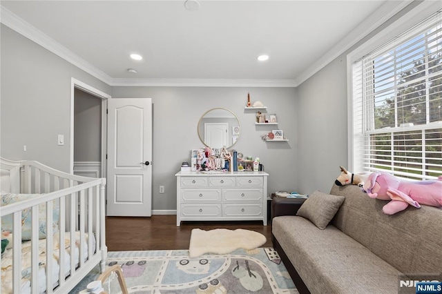 15 Kossuth St, Wallington, NJ 07057 - bedroom featuring dark wood-type flooring, crown molding, recessed lighting, and a crib