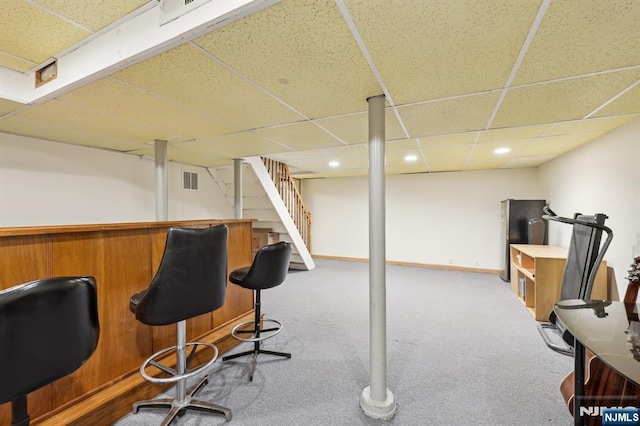 650 5th Ave, River Edge, NJ 07661 - indoor dry bar with a drop ceiling, carpet flooring, stairs, recessed lighting, and baseboards