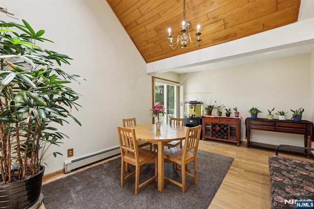 650 5th Ave, River Edge, NJ 07661 - dining room with a baseboard heating unit, wooden ceiling, light wood-type flooring, a chandelier, and high vaulted ceiling