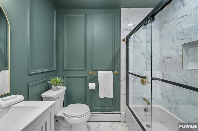 104 Myrtle Ave, Ramsey, NJ 07446 - full bathroom featuring baseboard heating, marble look tiles, enclosed tub / shower combo, and vanity
