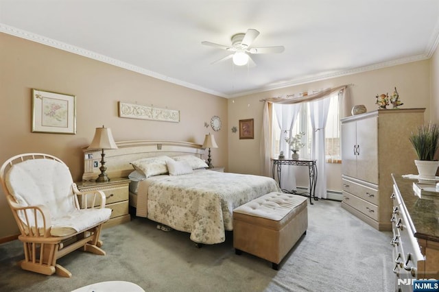 300 Wilson Ave, Lyndhurst, NJ 07071 - bedroom featuring light carpet, ornamental molding, a baseboard radiator, and ceiling fan