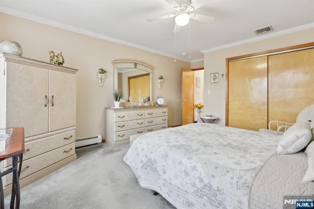300 Wilson Ave, Lyndhurst, NJ 07071 - bedroom featuring a baseboard radiator, light carpet, a closet, crown molding, and ceiling fan