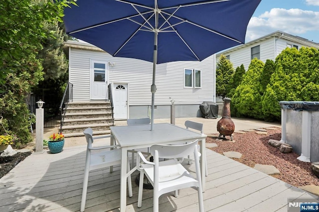 300 Wilson Ave, Lyndhurst, NJ 07071 - wooden deck featuring entry steps, area for grilling, outdoor dining space, and a fire pit