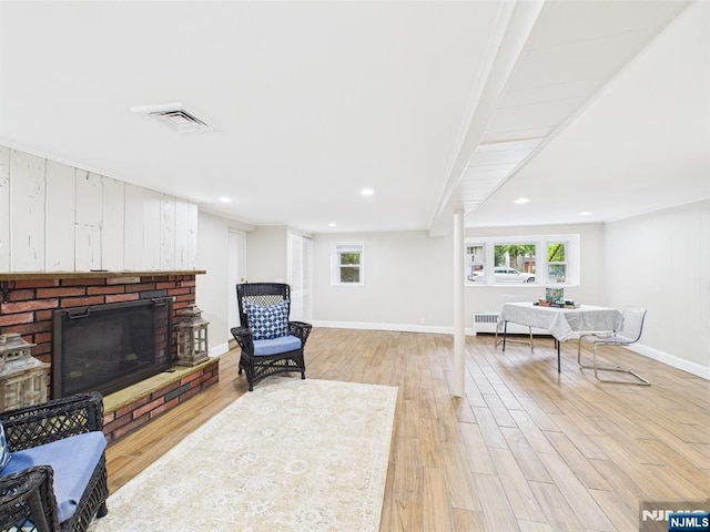 440 Albin Ct, Ridgewood, NJ 07450 - living area featuring light wood-style flooring, a brick fireplace, recessed lighting, and baseboards