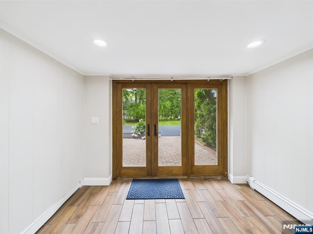 440 Albin Ct, Ridgewood, NJ 07450 - doorway to outside featuring french doors, light wood-type flooring, a baseboard heating unit, ornamental molding, and baseboards